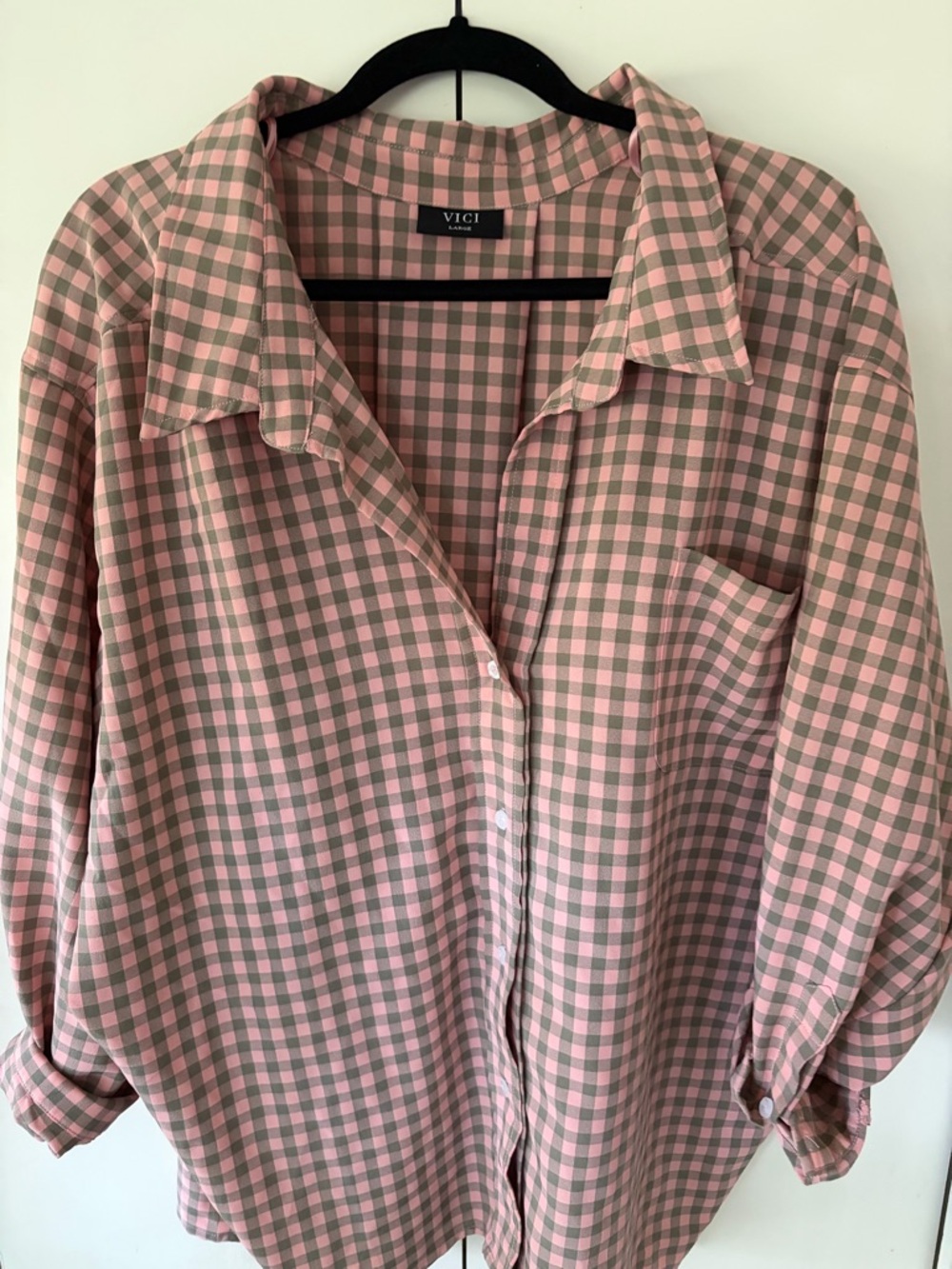 Vici Pink & Olive Gingham Button-Down Shirt Large